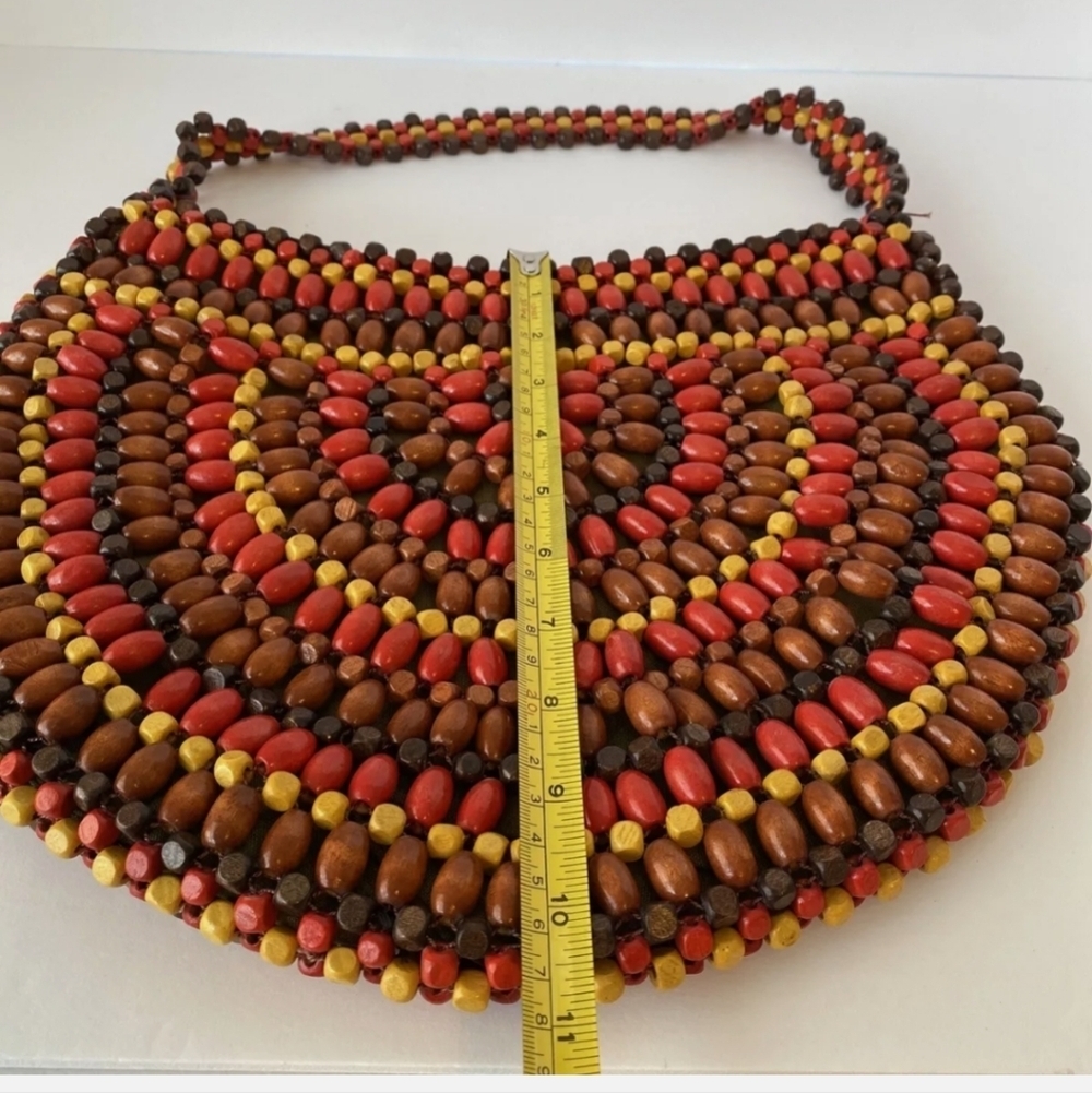 Wooden Bead Purse Satchel Hobo Bag Boho Hippie Bright Colors Red Brown Yellow - Picture 8 of 9